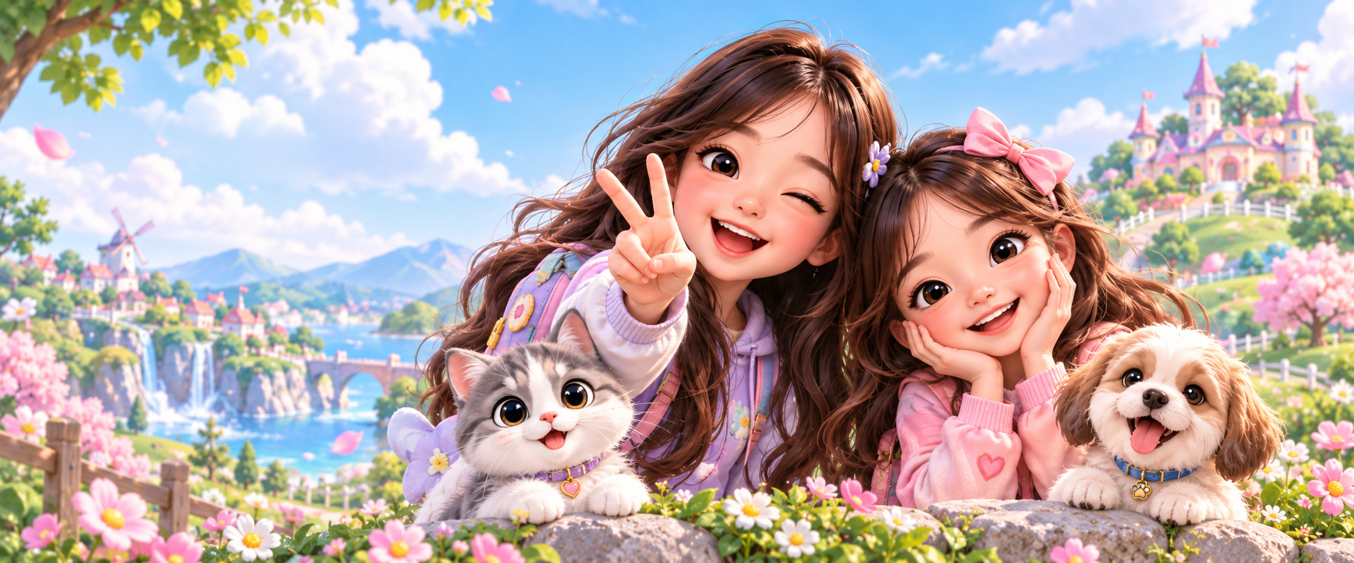 NUEA NARA sisters smiling in a pastel adventure world with pets